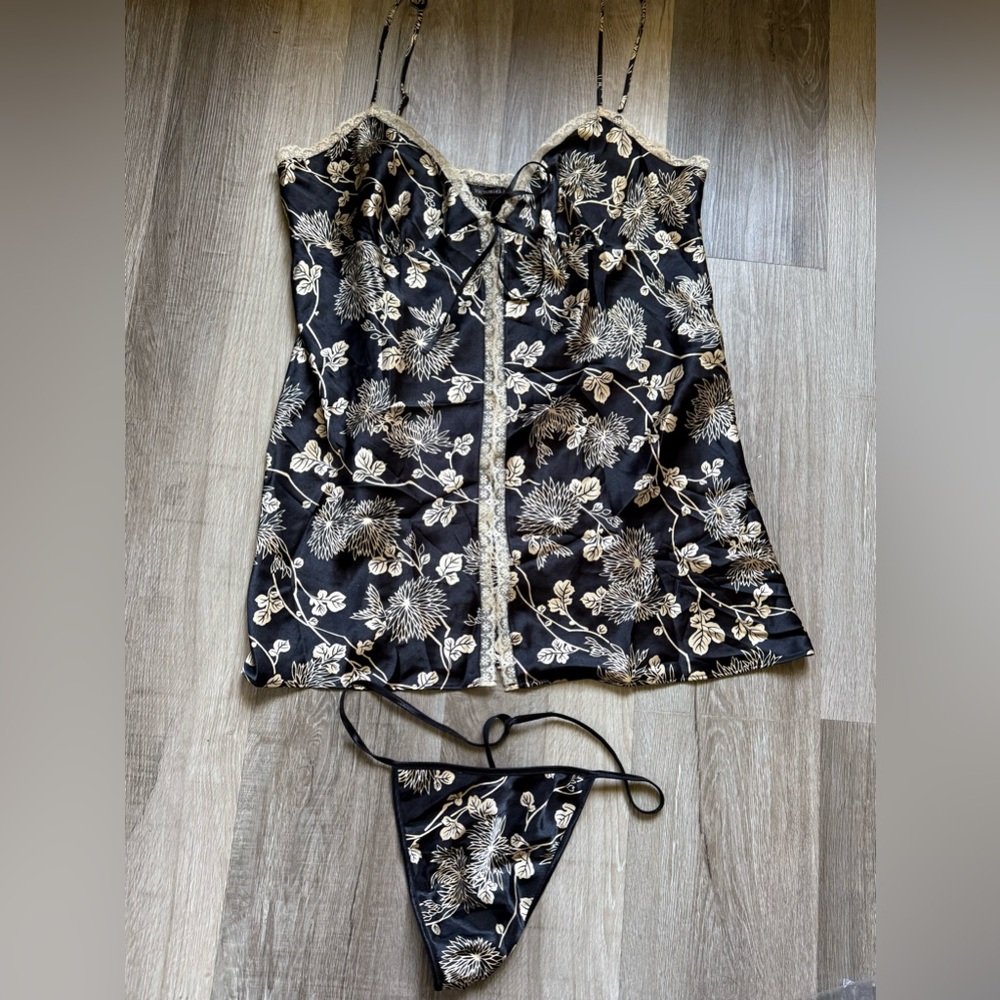 Black & Gold Floral Satin Camisole Set